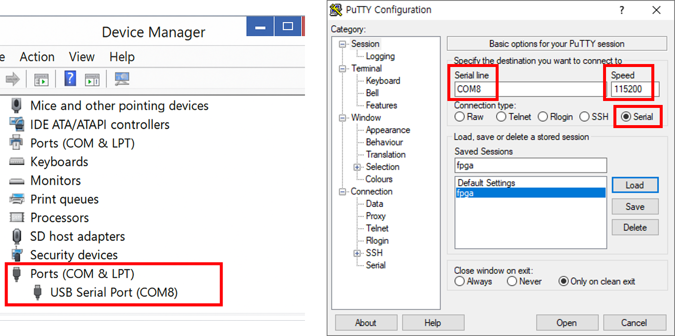 Figure 1: Device Manager and PuTTY.